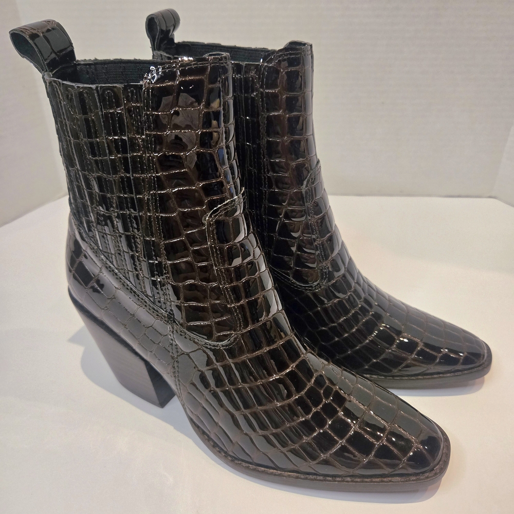Aqua Glossy Brown Croc-Embossed Ankle Boots